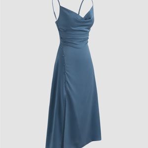 This is a solid cowl neck slit midi dress from cider